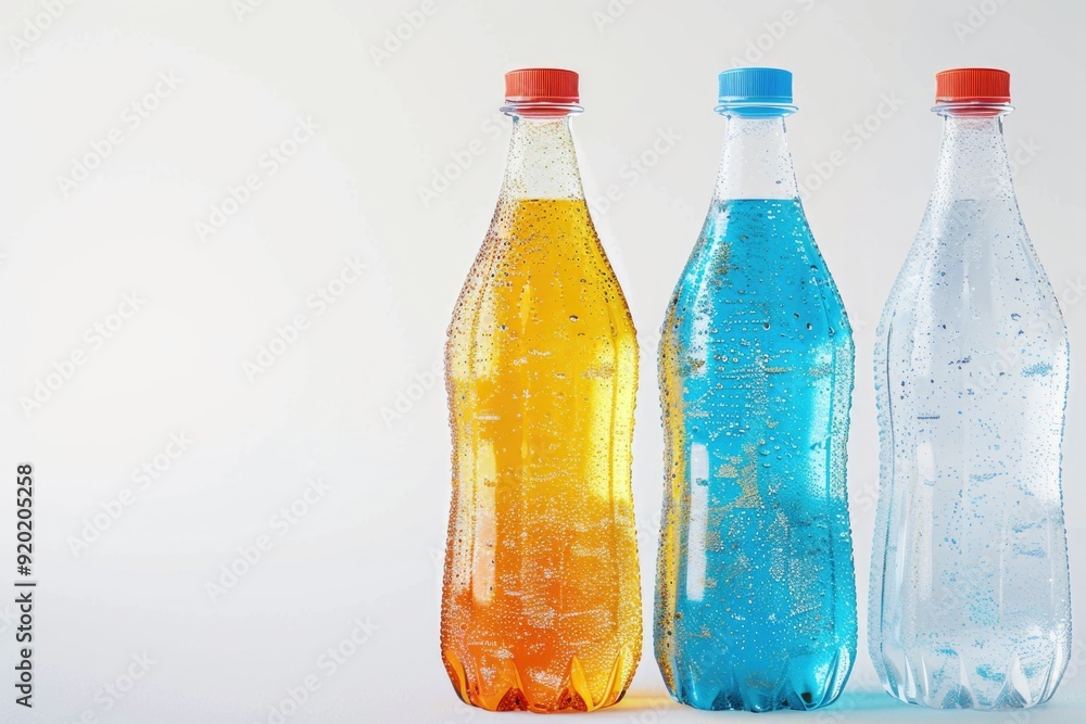 Poster three bottles of different colored liquids placed on a white surface