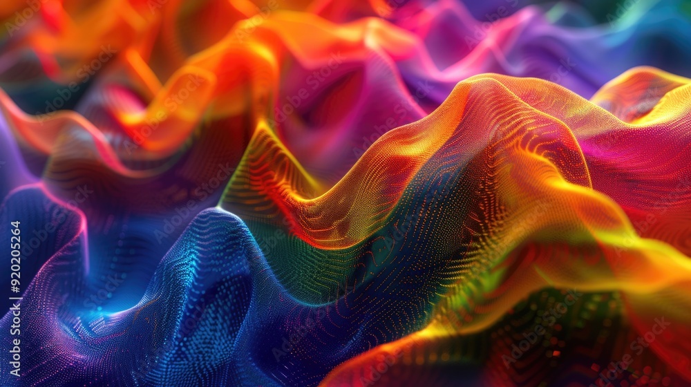 Poster close-up view of a multicolored fabric wave, suitable for textile designs or fashion-related project