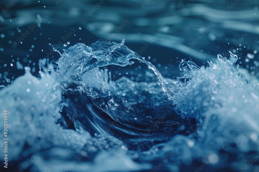 Poster A close-up view of a wave crashing into the ocean's surface, ideal for use in images about water, nature, or abstract concepts