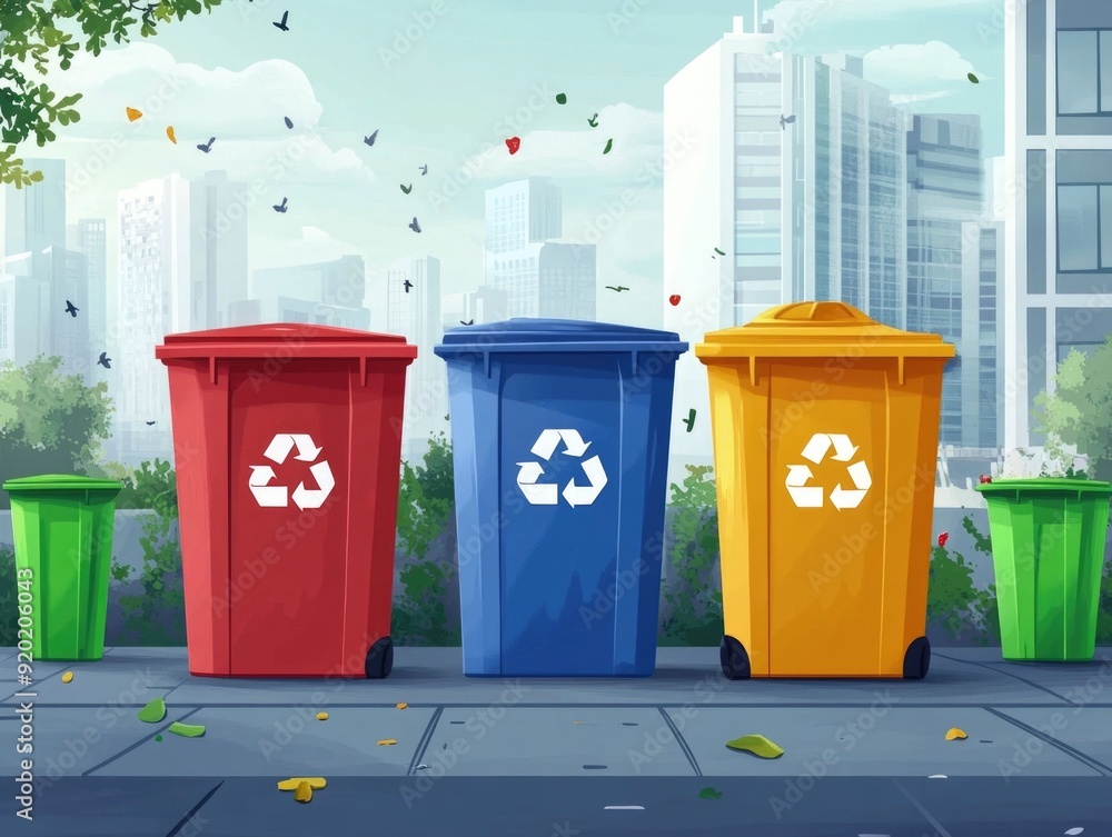 Poster flat design of waste segregation bins with clear labeling and color coding to promote proper disposa