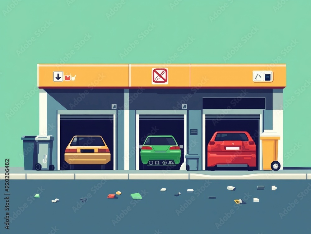 Poster flat design depicting designated recycling drop off collection points and facilities within an urban