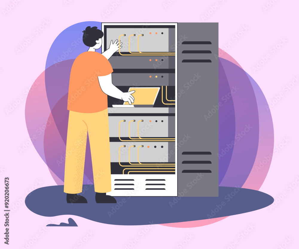 Poster professional electrician checking cables of switchboard panel. engineer character with server rack, 