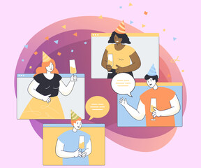 Men and women in party caps drinking wine and celebrating event using computer at home. Group of people having video call during quarantine flat vector illustration. Online birthday party concept