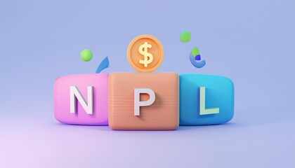 Obraz premium Non-Performing Loan, Colorful blocks with letters and a dollar symbol representing finance and business concepts in a modern digital environment.
