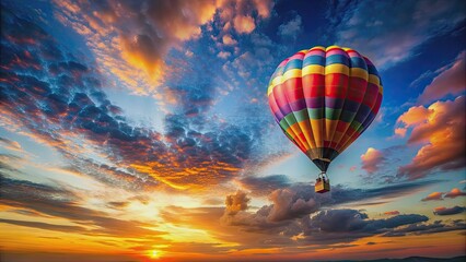 Obraz premium Hot air balloon floating in the sky during a colorful sunset, adventure, travel, transport, flight, freedom, leisure