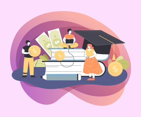 Tiny college or university students making loan to take degree. Male and female character near books paying money or tuition fee for school flat vector illustration. Economy, education, finance system