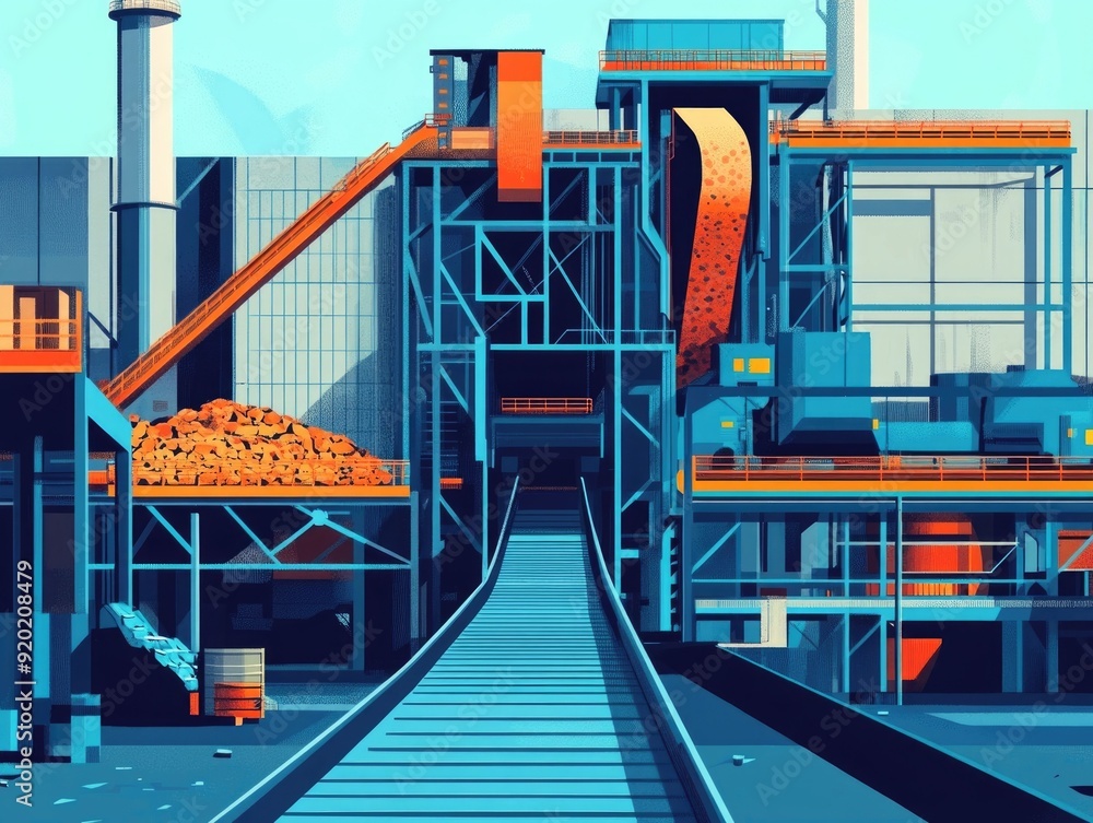 Poster of an efficient waste processing technology featuring a modern conveyor belt system in a flat design