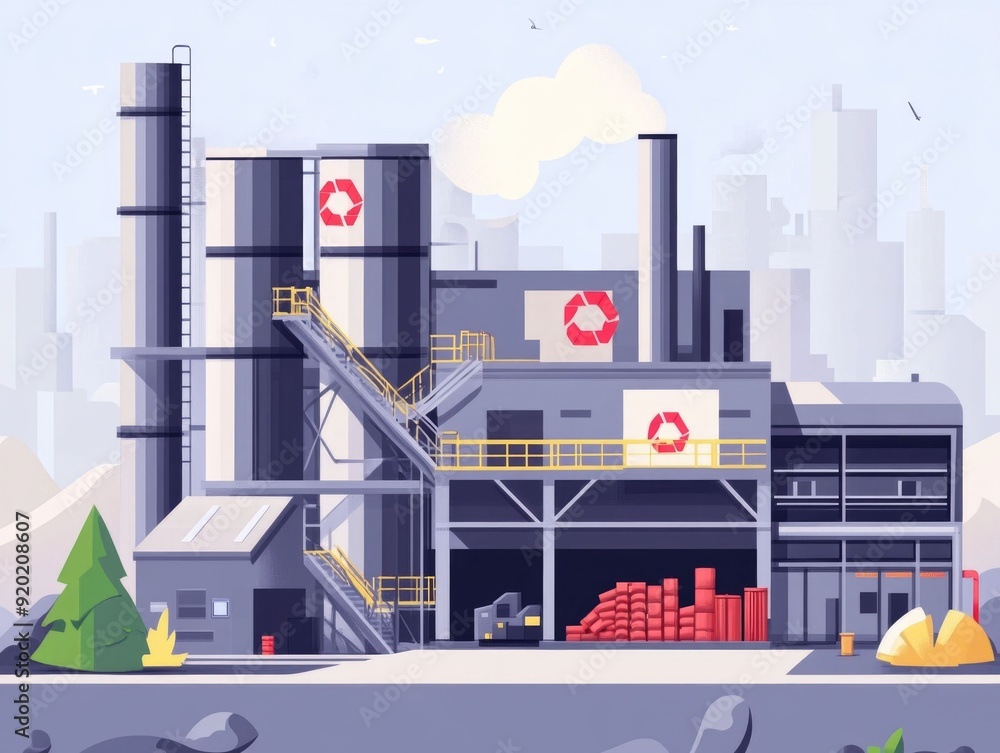 Poster detailed flat design showcasing an advanced recycling facility equipped with state of the art techno