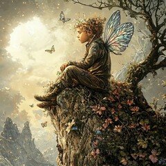 A whimsical scene featuring a child with butterfly wings sitting on a cliff surrounded by flowers and butterflies, evoking magic.