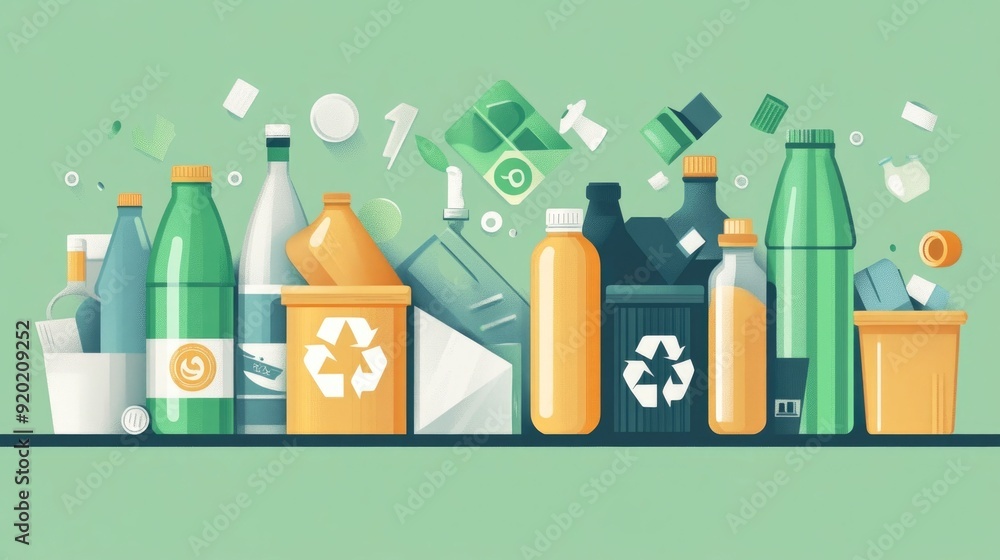 Poster flat design depicting a green tech program aimed at implementing sustainable waste solutions and pro