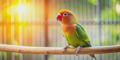 Obraz premium Olive lovebird perched on wooden branch in cage, lovebird, olive, wooden branch, cage, bird, pet, colorful, animal, feathers