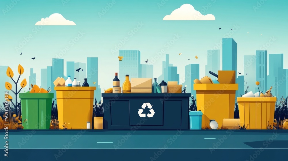 Poster flat design depicting a zero waste program aimed at reducing dependence on landfills and promoting s