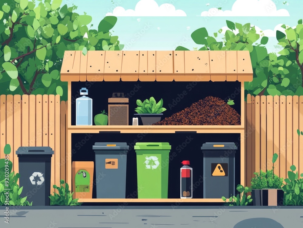 Poster comprehensive urban composting and recycling program flat design showcasing a sustainable community 