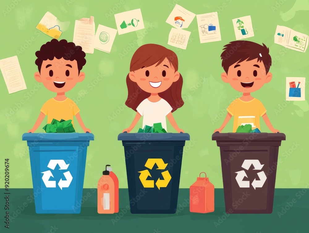 Poster flat design depicting a school recycling program and the participation of students in an effort to p