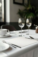 Fototapeta premium A minimalist dining setting for two people with empty wine glasses