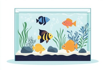 Colorful aquarium with various fish swimming among plants and rocks, creating a vibrant underwater scene.