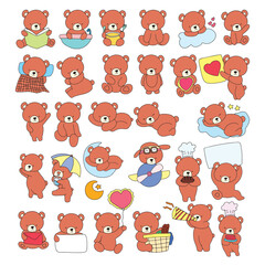 set of kawaii baby bear brown variant gesture and expression design character element.