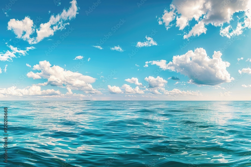 Poster a serene ocean view with clouds drifting lazily across the sky, perfect for use in travel or nature-