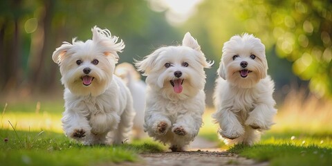 Three adorable Maltese dogs joyfully running towards their owner , cute, Maltese, dogs, running, joyful, happy, pets, animals