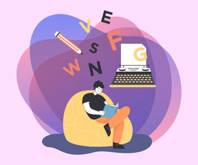 Young man with book sitting in beanbag flat vector illustration. Typewriter, pencil, letters. Literature, creative imagination, reading concept