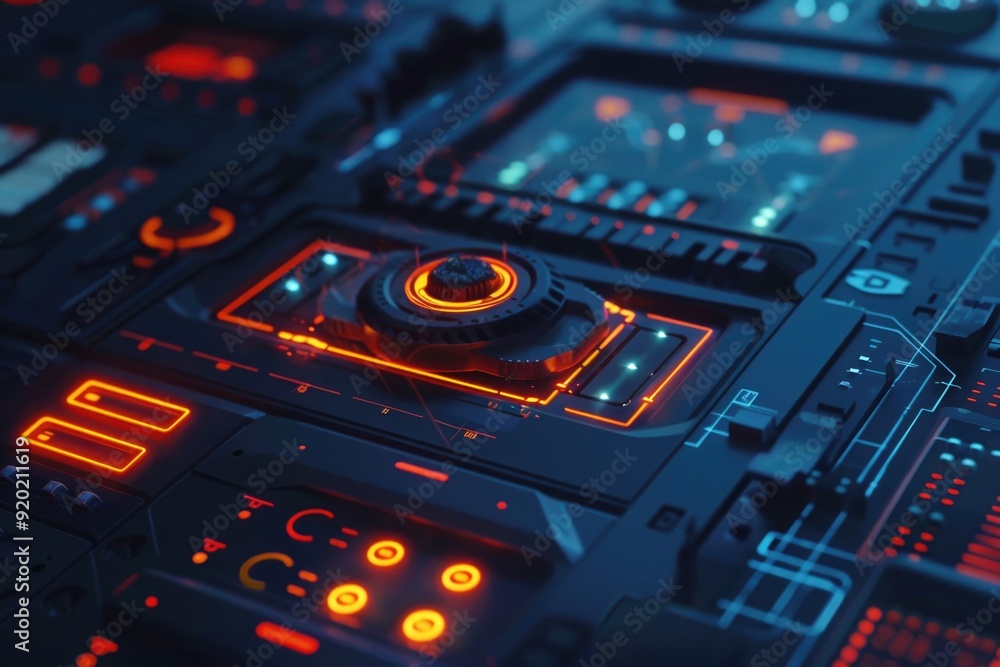 Aufkleber A detailed view of a control panel with red and blue LED lights, suitable for use in technology or engineering illustrations