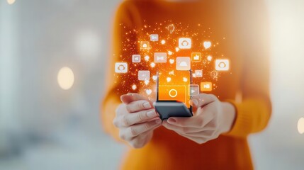 Marketer holding smartphone with social media ads, modern advertising techniques in action