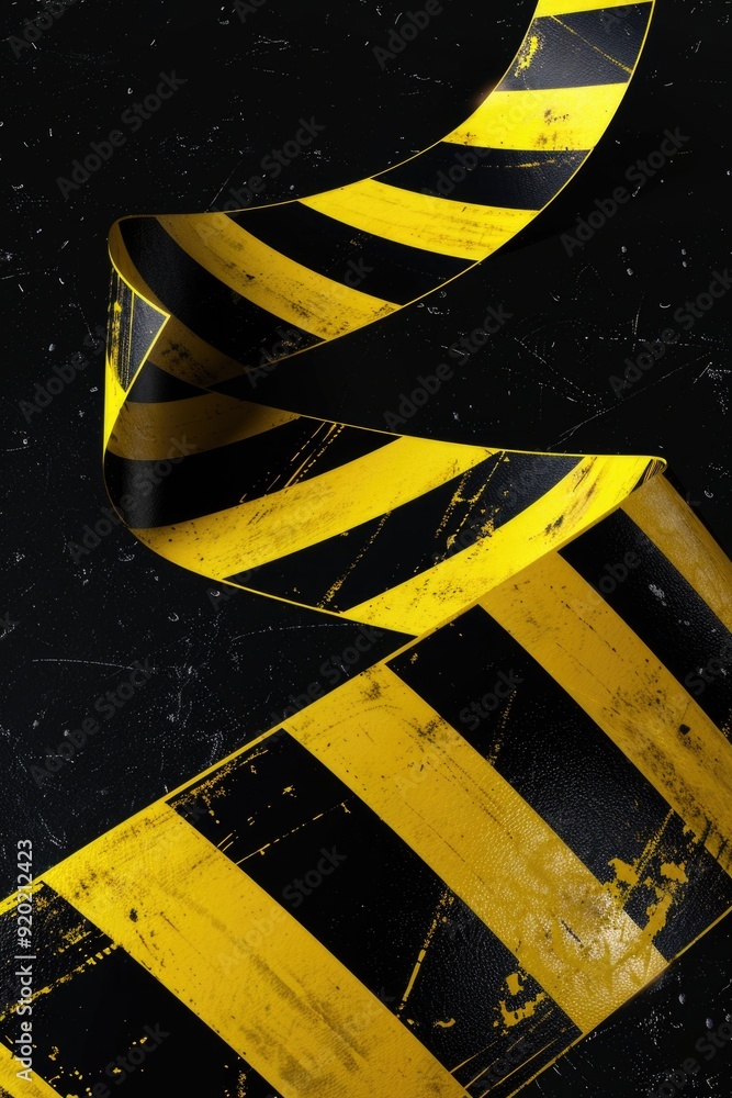 Poster a single yellow and black striped ribbon placed on a black surface, ideal for use in designs related