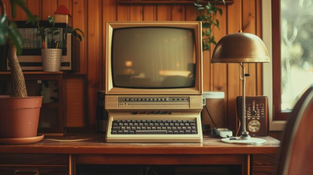 An old computer sitting on a wooden desk, suitable for historical or nostalgic scenes