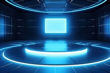 Futuristic blue room with glowing podium and light panel.