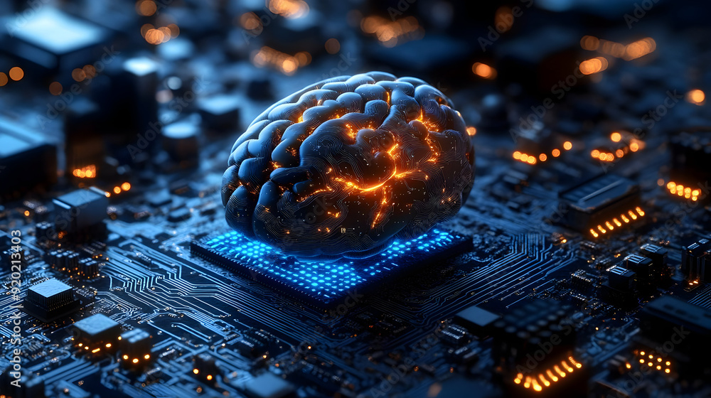 Poster a digital brain on a circuit board, symbolizing the intersection of technology and intelligence.