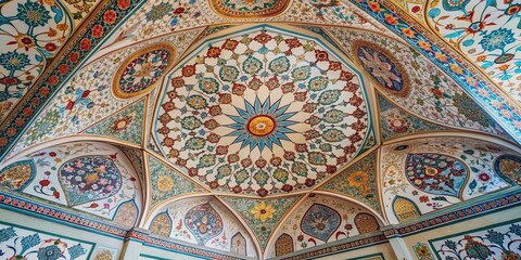 Painted ceiling with intricate floral pattern design in a mosque restaurant , mosque, Paris, floral, pattern, painted