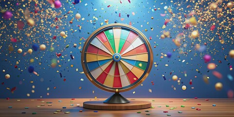Colorful wheel of fortune on stand surrounded by falling confetti, wheelfortune, bright colors, gold rim, stand