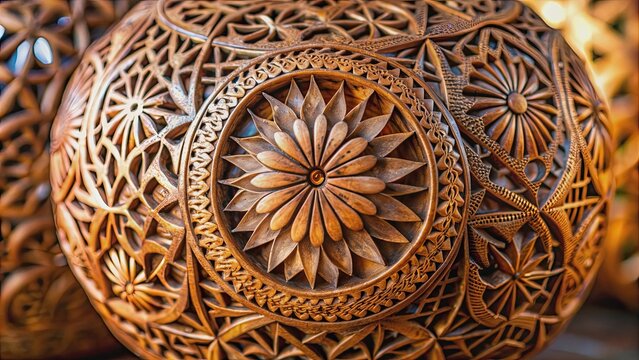 Close-up of intricately carved coconut shell art display, coconut, shell, art, carving, close-up, intricate, detailed
