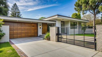 Fototapeta premium Mid-century modern suburban home with personalized entry code front gate and remote access, suburban