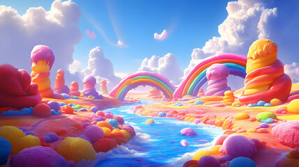 A whimsical landscape filled with colorful candy-like formations and a serene river.