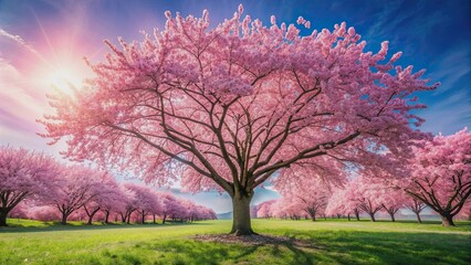 Fototapeta premium Beautiful pink cherry blossom tree in full bloom , spring, flowers, Sakura, Japan, nature, pink, petals, delicate, romantic