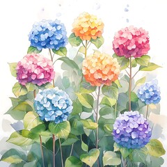 A watercolor illustration of colorful climbing hydrangeas