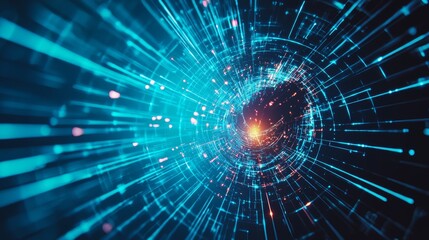 Obraz premium Abstract depiction of a digital vortex with glowing lines and particles, symbolizing technology and space.
