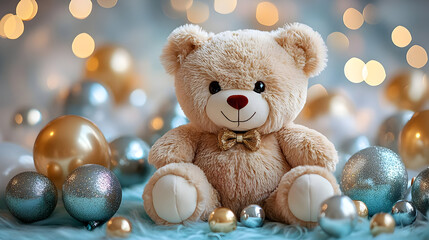 A cute teddy bear surrounded by colorful ornaments, creating a festive atmosphere.