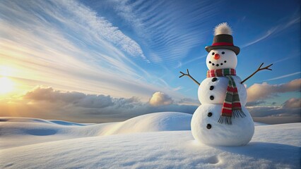 Snowman standing tall on a snowy hill , winter, cold, festive, snow, holiday, white, cheerful, outdoor, decorations, carrot nose