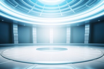 Futuristic circular platform with glowing light.