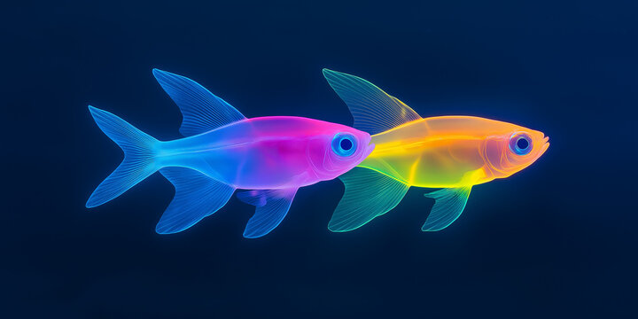 Two colorful x ray fish swimming together in dark water