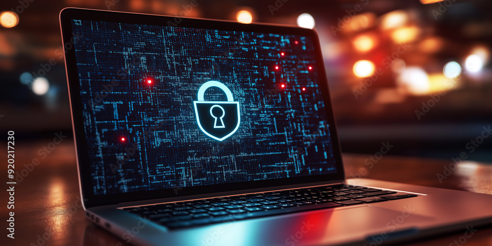 Poster laptop showing padlock icon on futuristic abstract cyber background