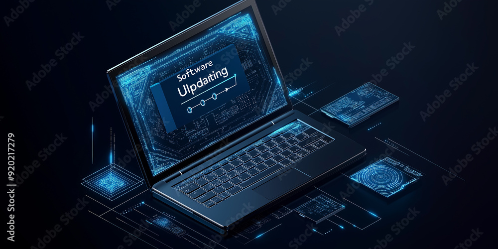 Poster Laptop updating software with progress bar showing on screen