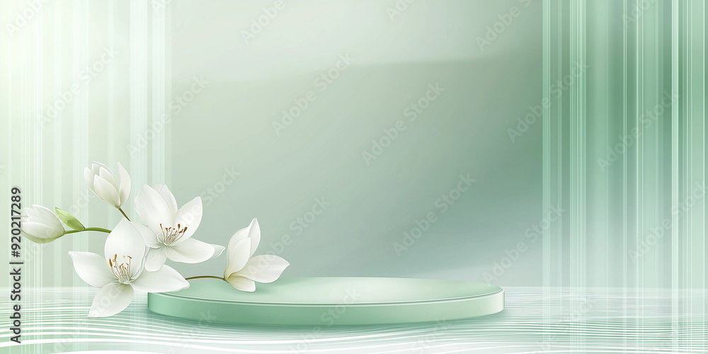 Poster empty green podium displaying cosmetics with white flowers and abstract background