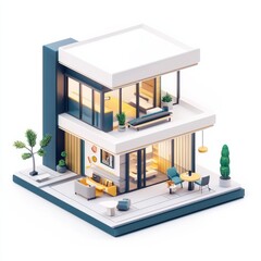 3D Render of a boutique office building with modern interiors and small business spaces. Miniature, on isolated white background