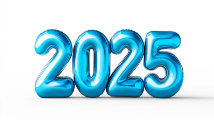 Blue balloons are forming 2025 sign on white background