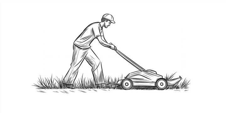recommend clip art: Gardener mowing lawn with gasoline lawn mower in the garden