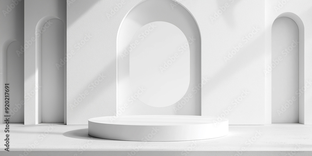 Poster white round podium displaying on minimal room with sunlight shadow background