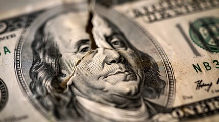 Close-up of Cracked American Dollar Bill Revealing Economic Strain and Symbolic Decay in the Era of Artificial Junk Nouveau. Capturing the Essence of Economic Turmoil.